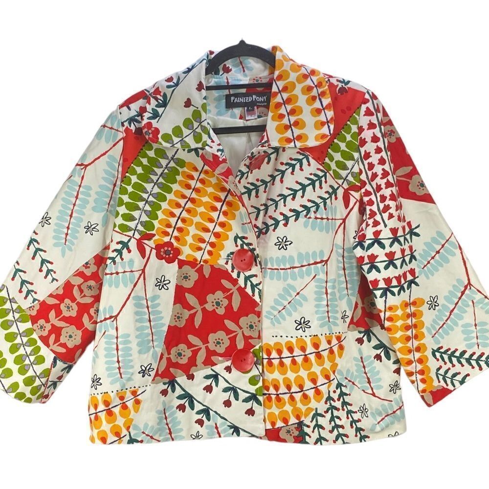 Painted Pony Wm’s Sz Lrg Nature Retro Floral Flowers Button Flare Jacket Blazer